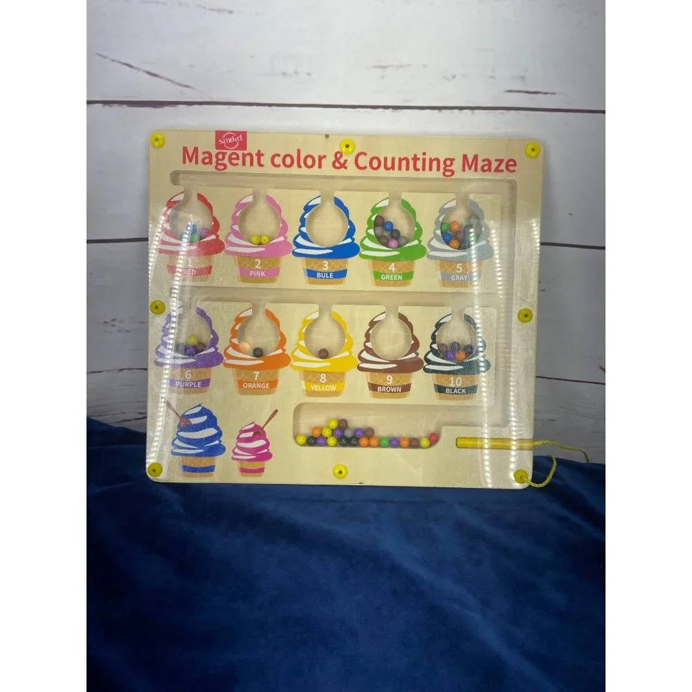Wooden Magnetic Color & Counting Maze Toy - 10 Colorful Ice Cream Cones Educatio